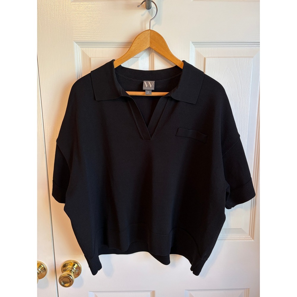 Worthington Womens XL Black Short Sleeve V-Neck Collared Knit Sweater Top